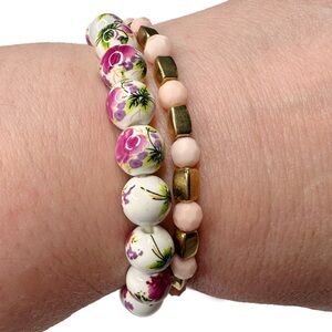 Vintage Floral and Gold Tone Beaded Bracelet Set